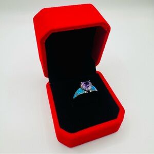 Vintage Style Dreamy Whimsical Purple Heart CZ & Blue Opal pinky Ring size 5.75